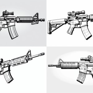 May include: Four monochrome illustrations of an assault rifle, each from a different perspective. The rifles feature scopes and magazines. The background is a pale grey, highlighting the weapon's design and details.