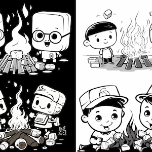 Kids eating smores and marshmallows around a camp fire Clip Art Bundle