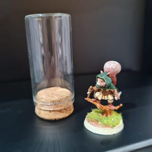以下が含まれることがあります： 緑色のフードと小さなナイフを持ったリスの戦士のミニチュアフィギュア。草と小さな木の枝のある台座の上に立っています。フィギュアの隣には、コルク栓の付いた透明なガラスバイアルがあります。
