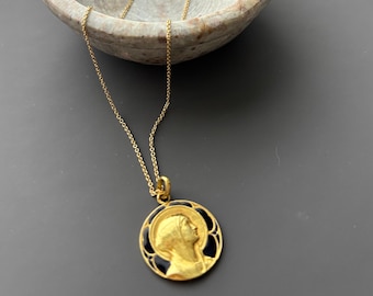 Antique French Guilbert 18k Gold and Blue Enamel Mary Pendant Charm 1922