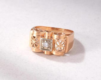 1940's French 18k Gold and Diamond Tank Ring