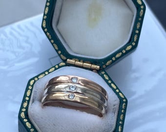 18k French Tri- Colour Band Ring with Diamonds