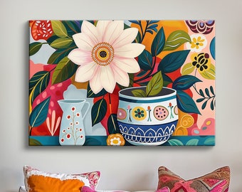 Colorful Maximalist Ceramic Botanical Floral Bohemian Boho Henri Matisse Dopamine Style Canvas Wall Art Painting Poster Print Home Decor