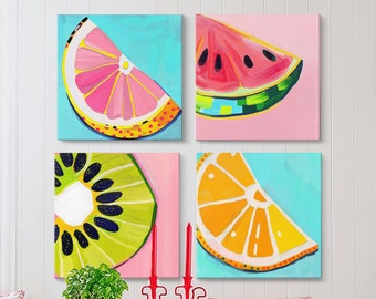 Pink Preppy Dopamine Aesthetic Canvas Wall Art Trendy Maximalist Summer Kiwi Fruit  Bright Pop Apartment Decor Kitchen Painting Set