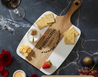 Personalized Marble Wood Cheese Board Set, Engraved Charcuterie Knives, Serving Board for Couple