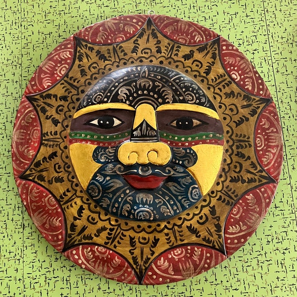 Happy Sun Face Wall Mask with 24k Gold Leaf, Round Hand Carved Wood Handmade Painted Indonesia 12" Round Wall Hanging Boho Hippie Home Decor