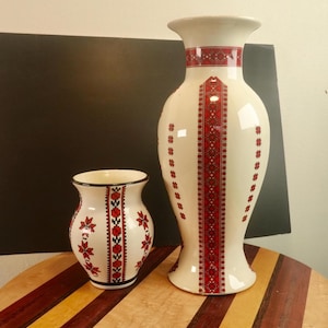 Vintage Ukrainian Ceramic Vase Set, Red Embroidered Design, Home Decor