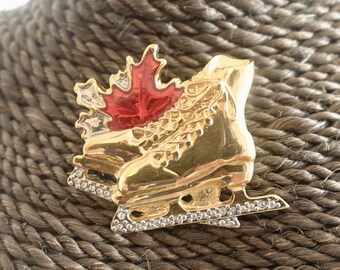 Vintage Butler Brooch: Figure Skates with Red Maple Leaf, Canadian Pride