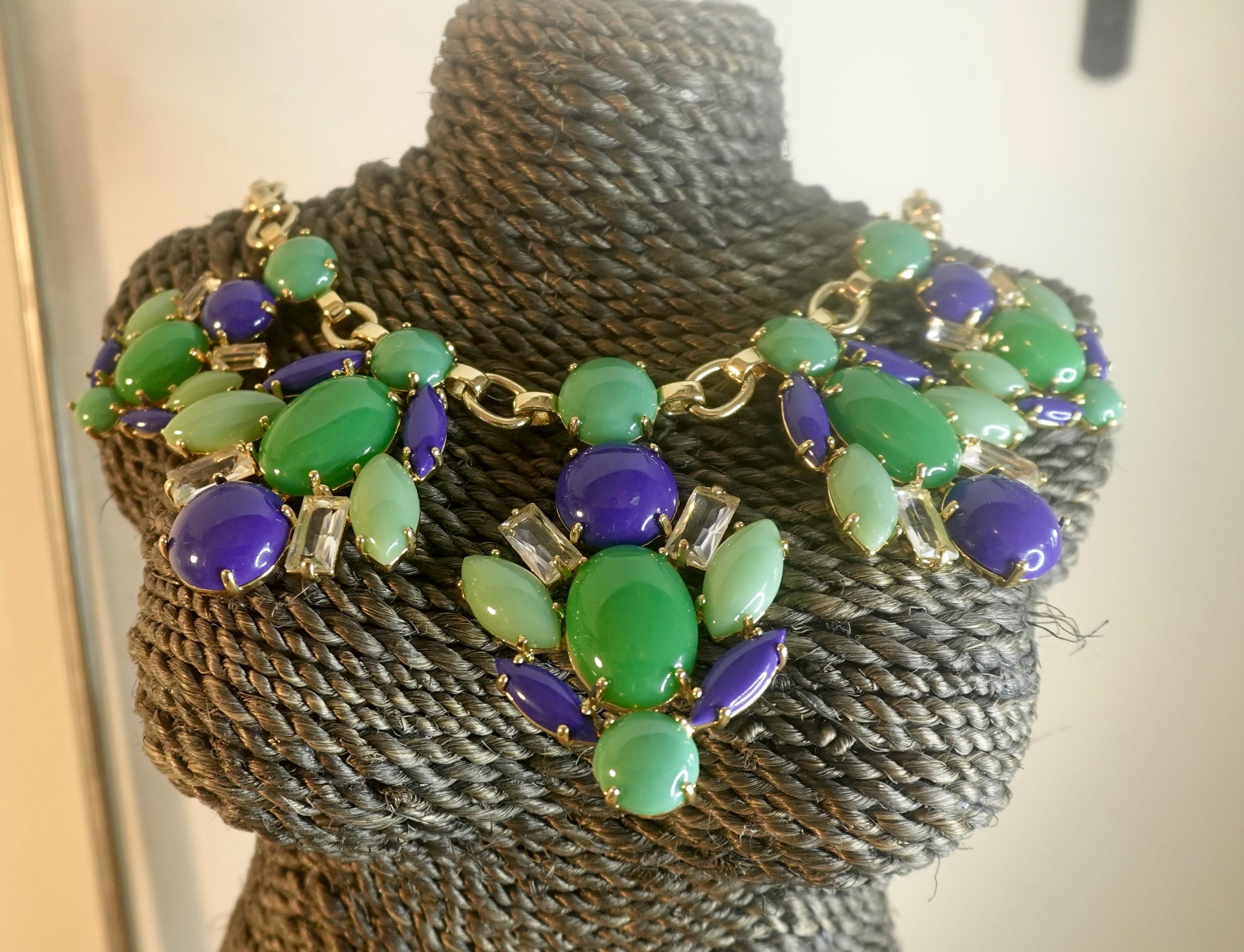 Stella and Dot Retired Juniper, Blue, Green and Clear Rhinestones Cleopatra  Statement Necklace with Round Link Chain, Wasabi Green