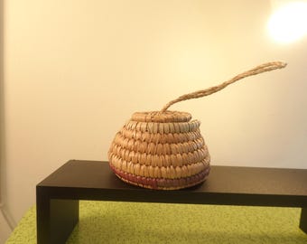 AFRICAN/NIGERIAN Hand Woven Hanging Basket Tribal Ethnic Lid and Hanger Tan