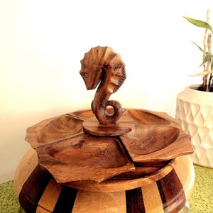 Vintage Monkey Pod Lazy Susan with Seahorse, 5-Bowl Serving Dish
