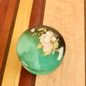 1960s Italian Alabaster Round Ring Jewelry Box, Teal & Black Peony Trinket Box