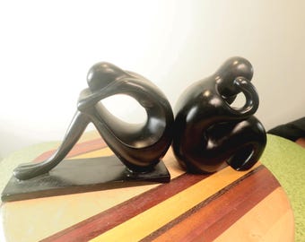 Shona Style Black Handcrafted Stone Sculpture, Meditating Man and Sitting Man Bookends