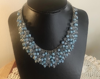 Chunky Crystal Bib Statement Necklace: Blue Bead Cluster, Adjustable Chain