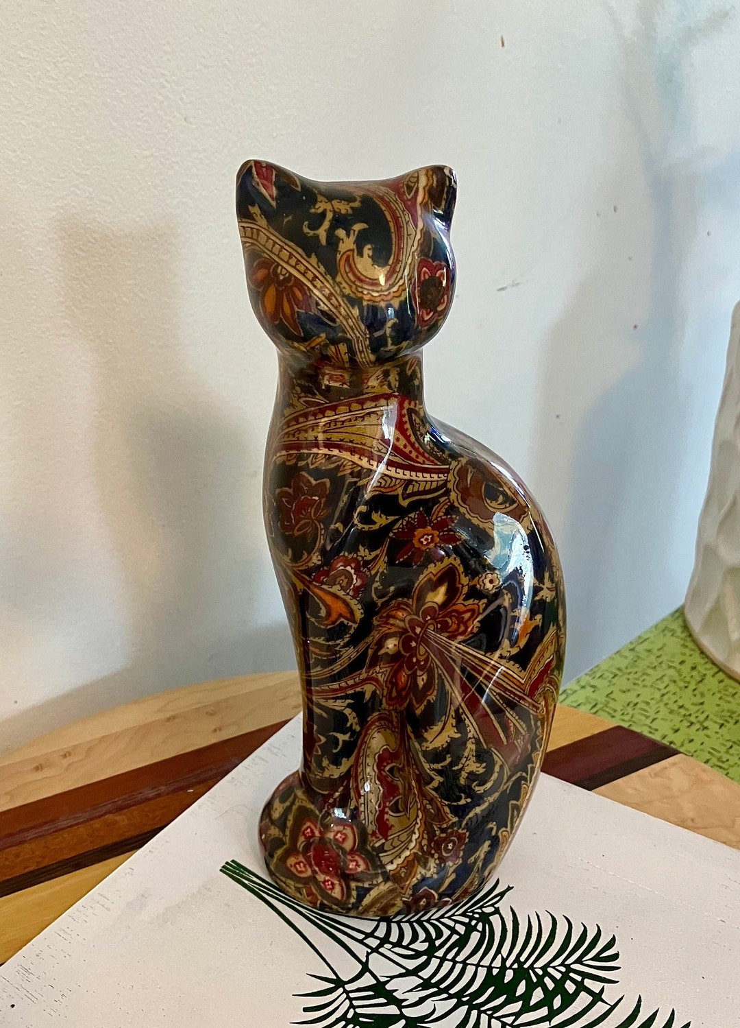 Vintage 1990s, Ceramic Glazed Decoupage Cat Figurine, Red, Gold and