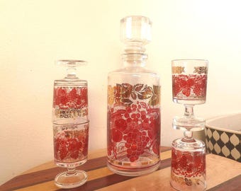 Juego de decantador de licor francés vintage, diseño de hoja de parra