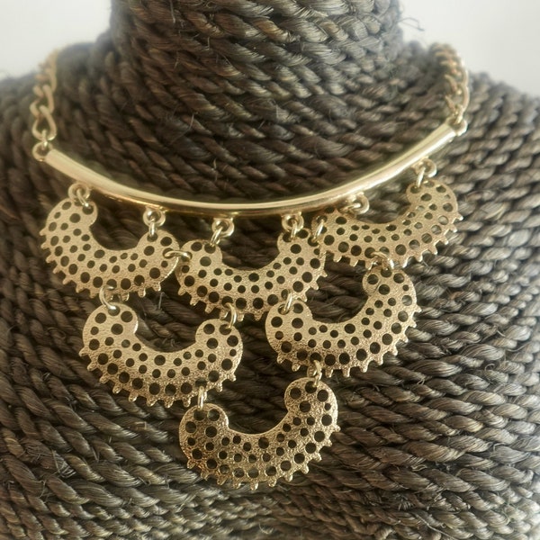 1990s Signed Sumthing Special. Vintage Art Deco Chunky Lacy Gold-Tone Three Layered Bib Necklace with Adjustable Choker.