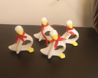 Vintage Ceramic Geese Napkin Rings, Set of 4, Red Bow Decor
