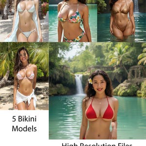 Puede incluir: Cinco modelos en bikini posando en entornos tropicales. Las modelos visten varios estilos de bikinis en diferentes colores y estampados. La imagen incluye el texto "5 Bikini Models" y "High Resolution Files Great for Printing at Home."
