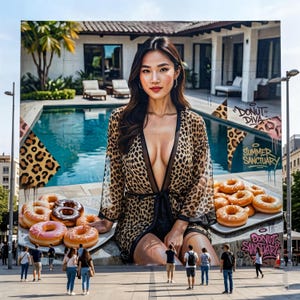 Op de afbeelding: Een grote muurschildering toont een vrouw in een luipaardprint badjas, omringd door donuts. De muurschildering bevat de tekst "Donut Diva" en "Summer Sanctuary". Mensen lopen op een zonnige dag voor de muurschildering.
