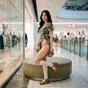 Pode incluir: Uma mulher usando um vestido de manga curta com estampa floral em tons de verde, laranja e azul. Ela está usando roupa íntima rosa, meias brancas até o joelho e sapatos de salto marrons. A foto foi tirada em um shopping.