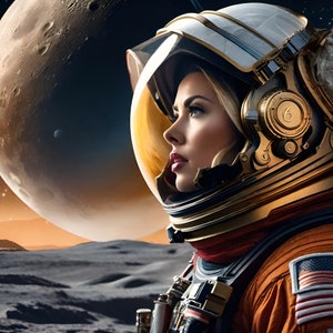 May include: An astronaut in an orange spacesuit and gold helmet gazes toward a large planet in space. The helmet has a clear visor and a gold trim. The astronaut's suit has an American flag patch. The background shows a moon-like surface and a dark sky.