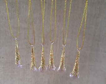 6 Handmade Christmas Tree Icicle decorations Baubles Antique Effect Filigree Bright Gold metal with delicate pink glass drops ornaments