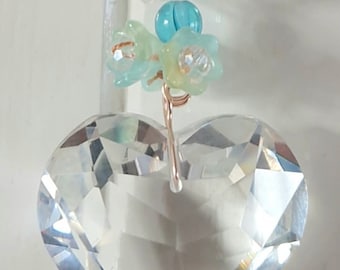 Große klare hängende Glas Kristall Prisma Suncatcher Regenbogen Maker mit blauen Glasblumen Fensterdekoration Kristalle an Sari Seidenband