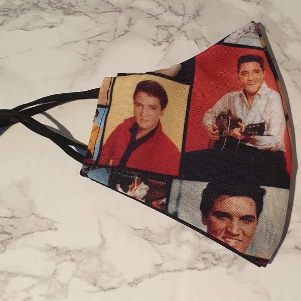 Handmade double layer cloth Elvis Presley face mask covering washable reusable dust adjustable straps king of rock n roll jailhouse black