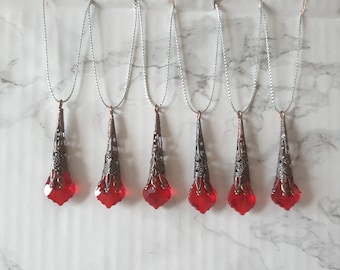 6 Handmade Christmas Tree Icicle decorations Baubles Antique Effect Filigree Coppertone metal top with red sparkly glass drops ornaments