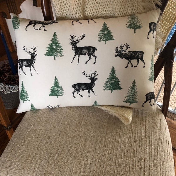 Rustic Deer PineTree Cotton Canvas Pillow Cover|Cabin Lodge Lumbar 12x18” Envelope Style Back Hunter Wildlife Woodland Decor