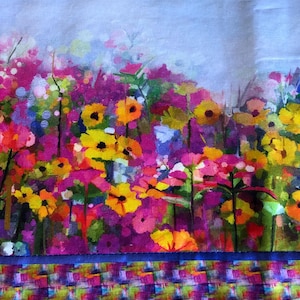 May include: A watercolor painting of a field of colorful flowers. The flowers are in shades of pink, purple, yellow, orange, and red. The background is a light blue sky.