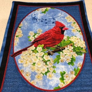 Könnte beinhalten: Ein roter Kardinalvogel sitzt auf einem Ast mit weißen Blüten, umgeben von Noten auf blauem Hintergrund. Das Bild ist mit einem schwarzen und roten Rahmen eingefasst.