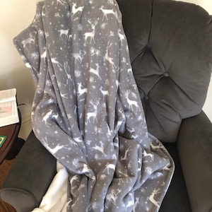 Deer Fleece Throw Blanket | Gray Wildlife Print, Cream Back