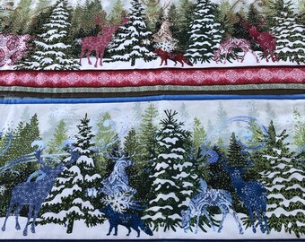 Woodland Animals Winter Pines Trees Quilted Tablerunner|Moose Deer Bear Reversible Table Topper Cabinet Topper |Unique Snowy Paisley Design