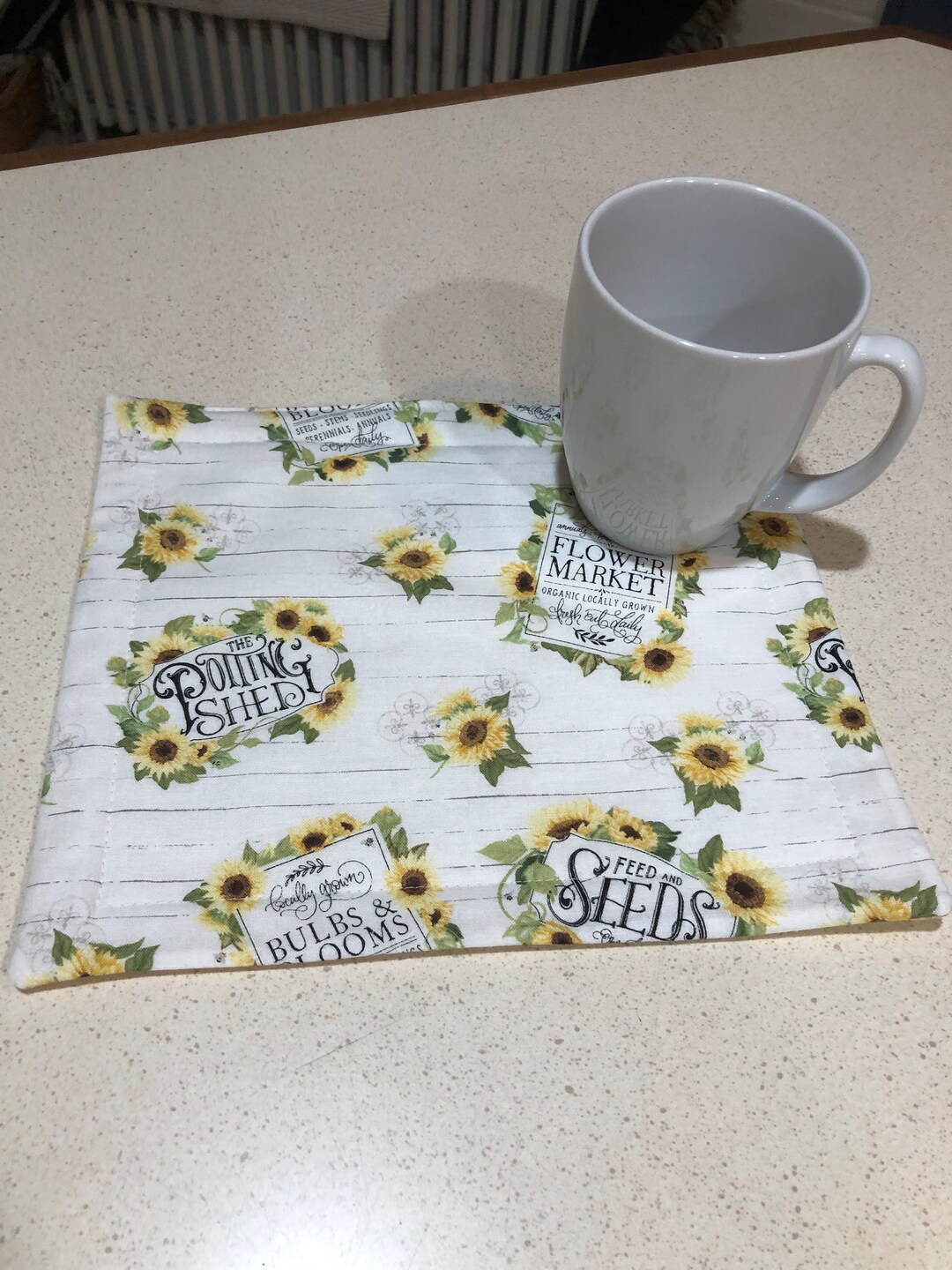 Sunflower Print Mug Rug, Reversible Quilted Cotton Topper - Etsy