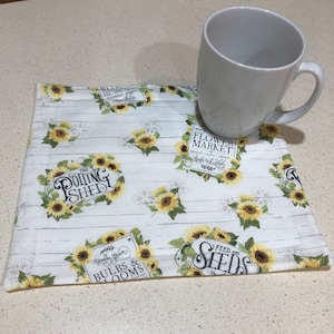 Sunflower Print Mug Rug, Reversible Quilted Cotton Topper