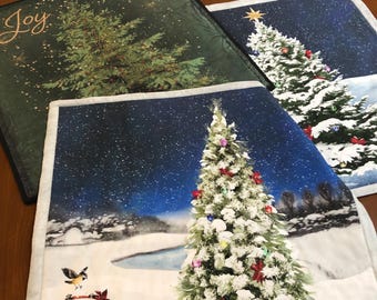 Winter Snowy Pine Tree Reversible Snowflake on Green Quilted Table Topper Cabinet/Counter Topper Winter Table Decor