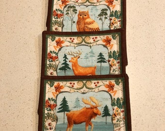 Coasters Wildlife Bear Deer Fox Moose Wildlife Nature Woodland Candle/Wine/Coffee Beer Coaster Quilted Cabin Outdoor Nature Lover 5.5” Coast