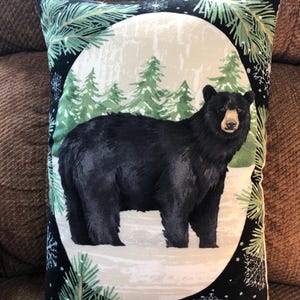 Wildlife Flannel Pillow Lodge Cabin Bear Deer Moose Fox Evergreens Forest Winter Nature Snow Scene 12x18”Flannel Pillows Christmas
