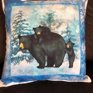 Wildlife Winter Pillow Deer Moose Wolf Elk Bear Family Snow Mountain Pine Tree Lodge Cabin Snowy Tree Scene Woodland  Pillows 12x12