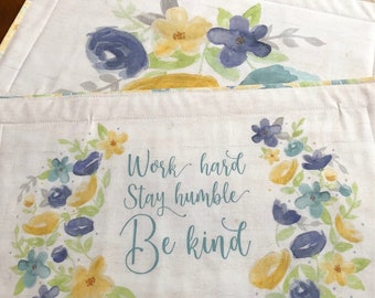 Be Kind Quilted Table Topper |Reversible Yellow Print 2Set Large Placemats| Be Kind/Love/Great Day Cabinet Toppers