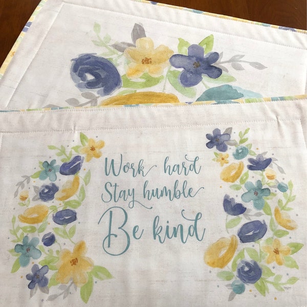 Be Kind Quilted Table Topper |Reversible Yellow Print 2Set Large Placemats| Be Kind/Love/Great Day Cabinet Toppers