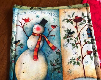 Snowman Cardinal Friends Mug Rug/Snack Mat Red Holly Coffee Coaster |Cabinet Topper Candle Coaster Cotton Padded Quilted Reversible