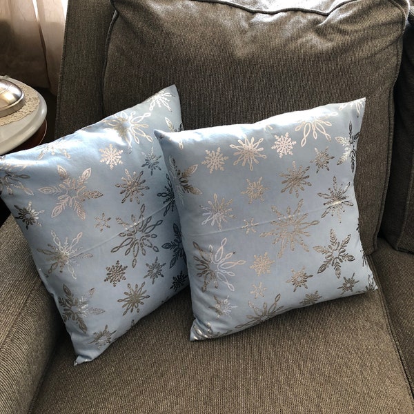 Snowflake Flannel Pillow Cover|Silver Snowflake on Ice Blue Snuggle Soft Cotton Flannel Envelope Style Back|Winter Holiday Christmas Decor