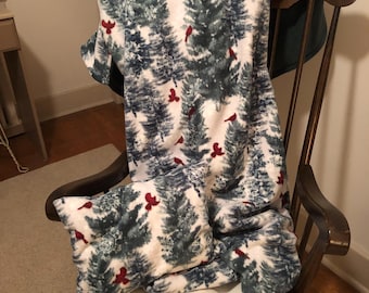Trees Cardinals Fleece LUXE Blanket Buttery Soft Evergreen Trees & Cardinals Single Layer or Double  LUXE  Winter Throw