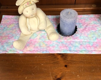 Easter Table Topper Mini Table Runner Reversible Purple Pink Flower Border Print Quilted Spring Cabinet Toppera