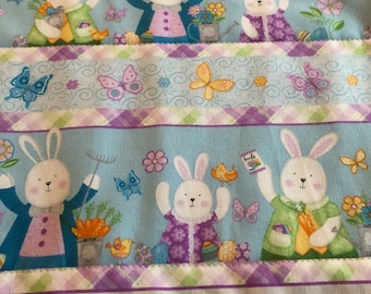 Bunnies Butterflies Easter Eggs Quilted Tablerunner|Reversible Summer Flower Print Table Topper Cabinet Topper|Colorful Floral Print