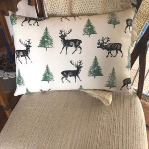 Deer Evergreens Pillow Cover|Cabin Lodge Lumbar 12x18” Envelope Style Cotton Canvas Fabric Deer Hunter Wildlife Woodland Nature Decor