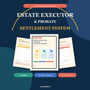 Peut inclure: Un ensemble de documents numériques pour le système de règlement de succession et d'exécuteur testamentaire, comprenant une page de couverture centrale avec trois cases colorées, entourée de deux pages d'inventaire et de journaux.
